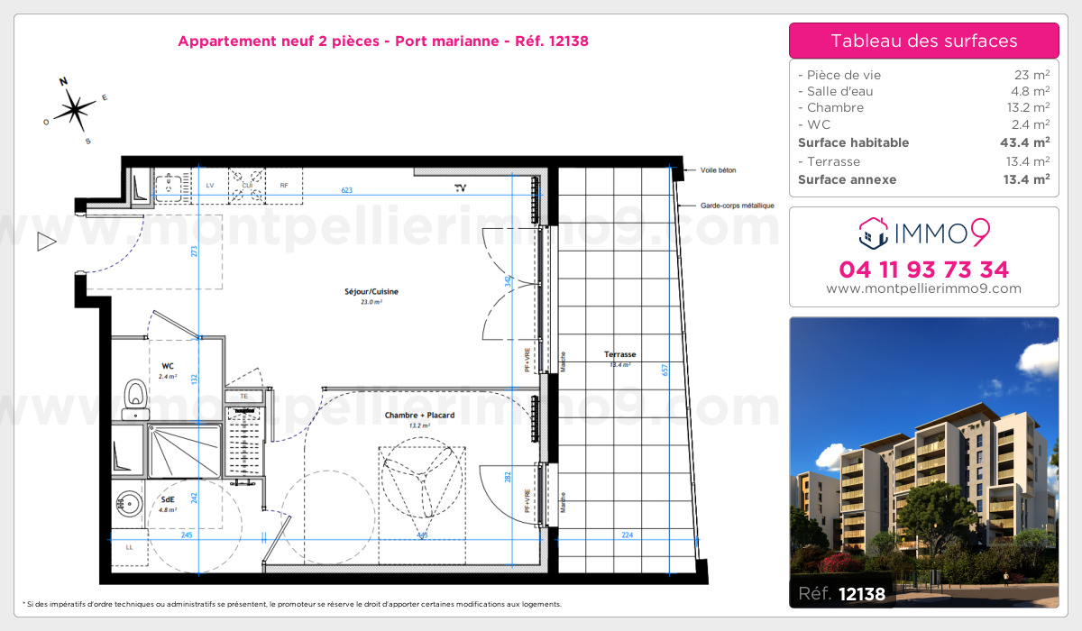 Plan et surfaces, Programme neuf Montpellier : Port marianne Référence n° 12138