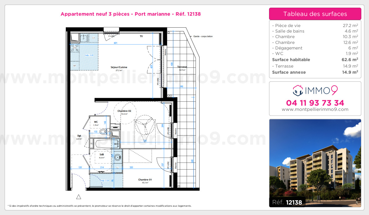 Plan et surfaces, Programme neuf Montpellier : Port marianne Référence n° 12138