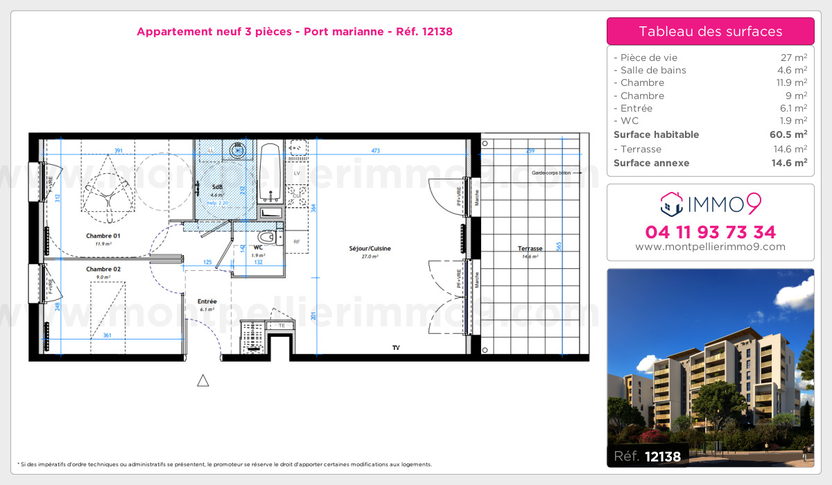 Plan et surfaces, Programme neuf Montpellier : Port marianne Référence n° 12138