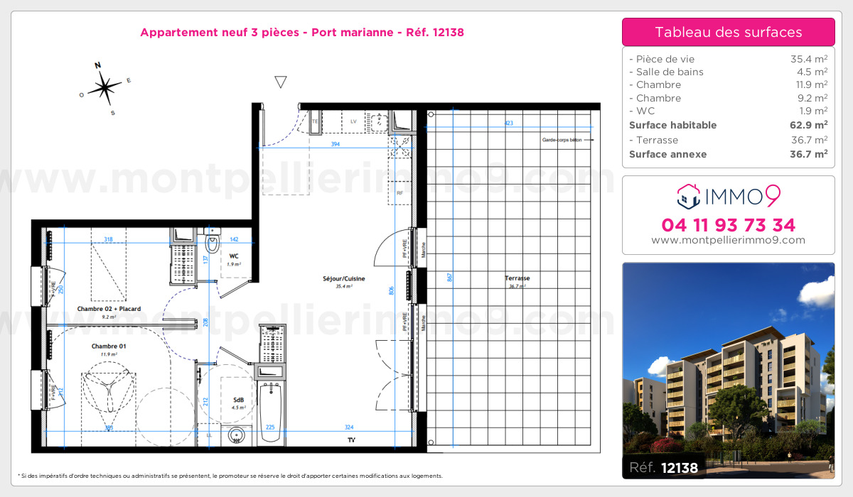 Plan et surfaces, Programme neuf Montpellier : Port marianne Référence n° 12138