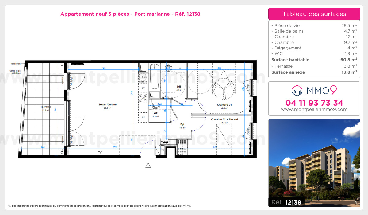 Plan et surfaces, Programme neuf Montpellier : Port marianne Référence n° 12138