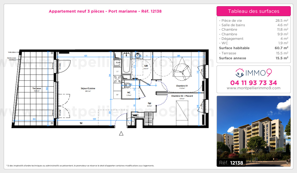 Plan et surfaces, Programme neuf Montpellier : Port marianne Référence n° 12138