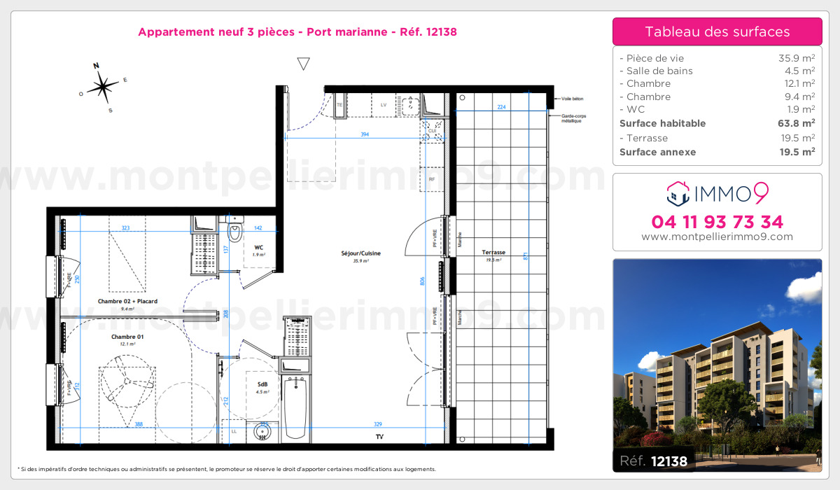 Plan et surfaces, Programme neuf Montpellier : Port marianne Référence n° 12138