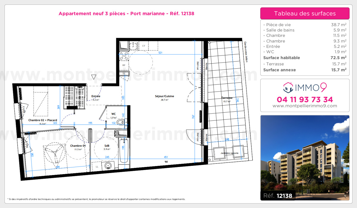 Plan et surfaces, Programme neuf Montpellier : Port marianne Référence n° 12138