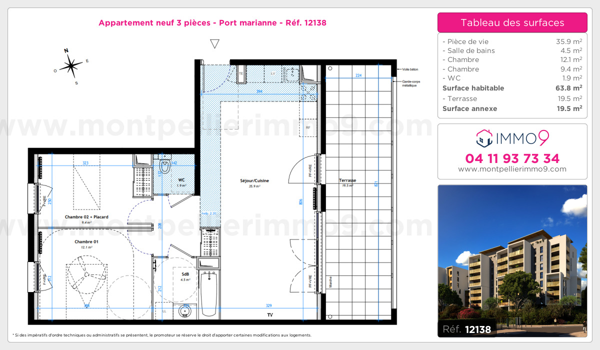Plan et surfaces, Programme neuf Montpellier : Port marianne Référence n° 12138