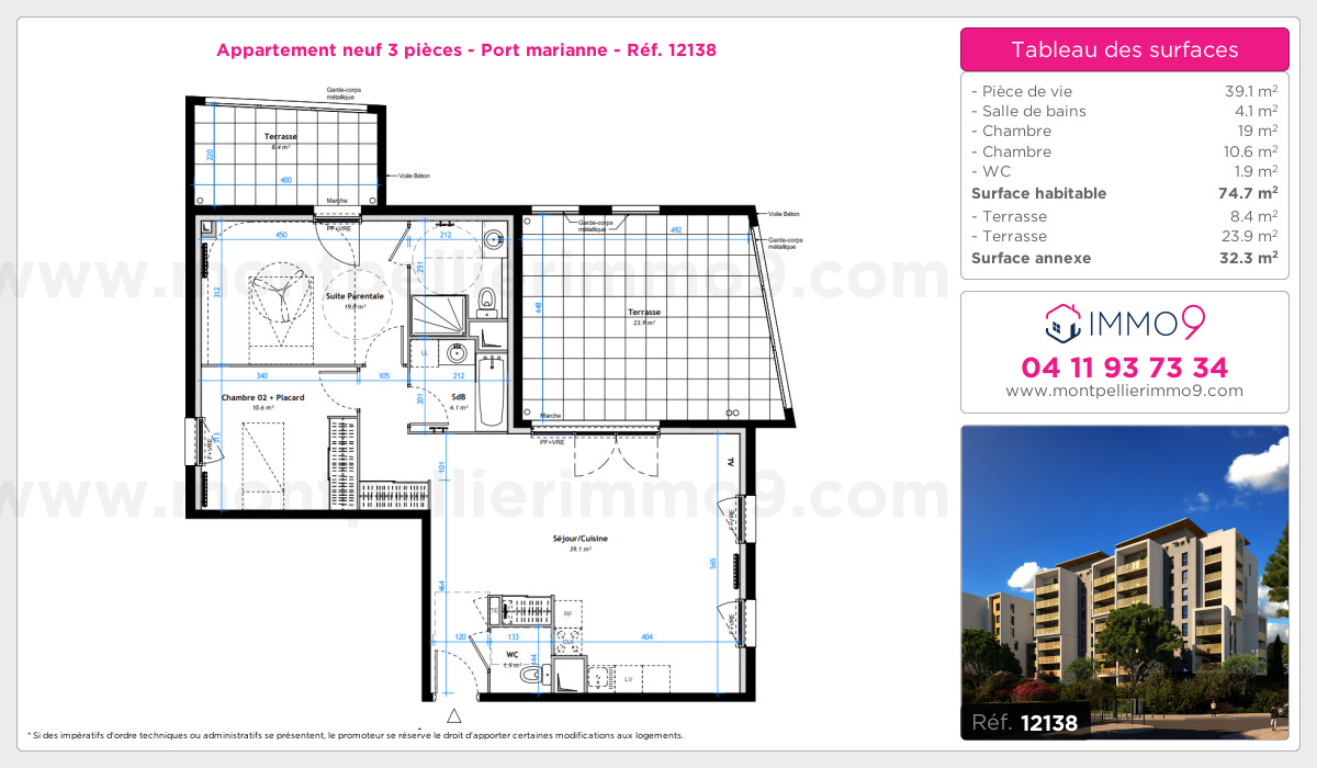 Plan et surfaces, Programme neuf Montpellier : Port marianne Référence n° 12138