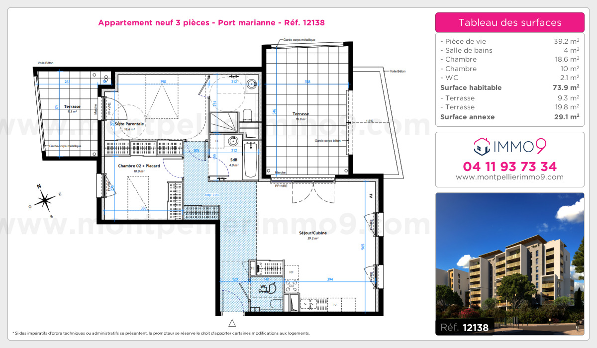Plan et surfaces, Programme neuf Montpellier : Port marianne Référence n° 12138