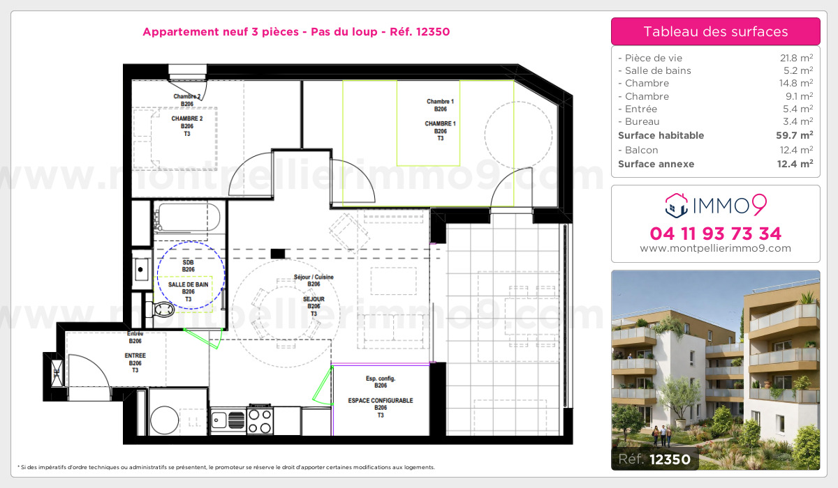 Plan et surfaces, Programme neuf Montpellier : Pas du loup Référence n° 12350