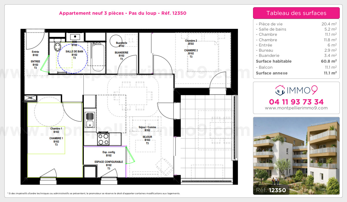 Plan et surfaces, Programme neuf Montpellier : Pas du loup Référence n° 12350