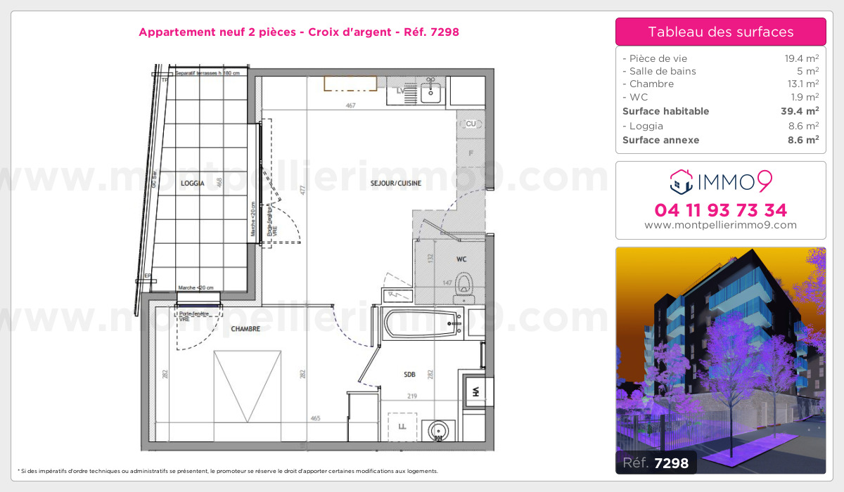 Plan et surfaces, Programme neuf Montpellier : Croix d'argent Référence n° 7298