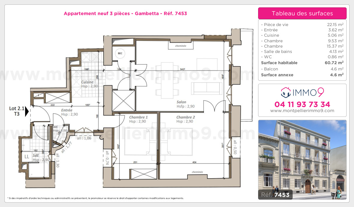 Plan et surfaces, Programme neuf Montpellier : Gambetta Référence n° 7453