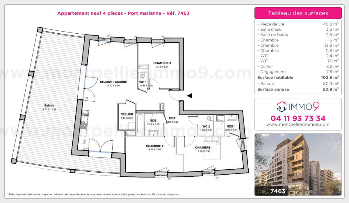 Plan et surfaces, Programme neuf Montpellier : Port marianne Référence n° 7463