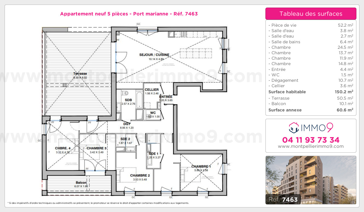Plan et surfaces, Programme neuf Montpellier : Port marianne Référence n° 7463