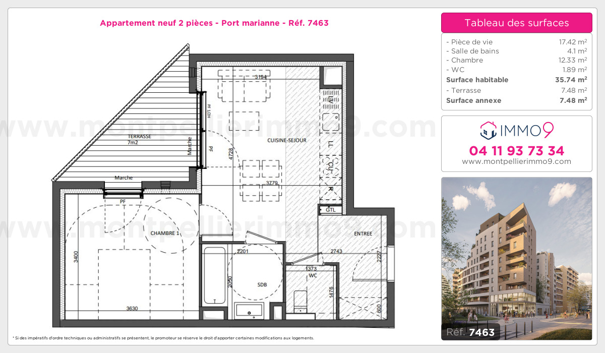 Plan et surfaces, Programme neuf Montpellier : Port marianne Référence n° 7463