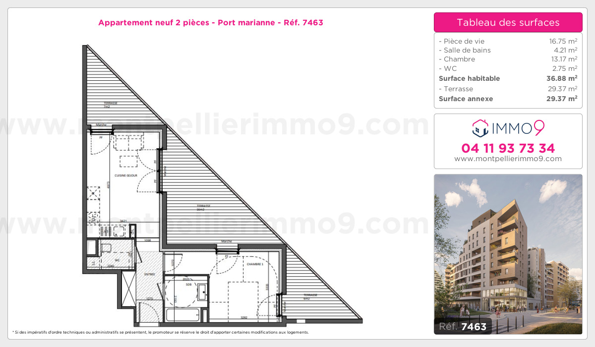Plan et surfaces, Programme neuf Montpellier : Port marianne Référence n° 7463