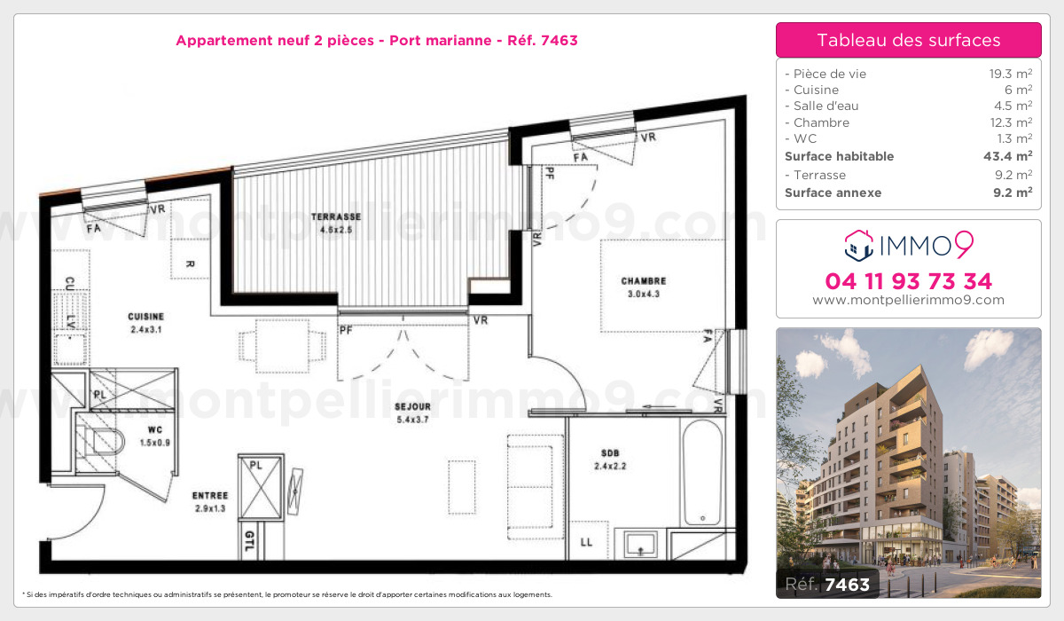 Plan et surfaces, Programme neuf Montpellier : Port marianne Référence n° 7463