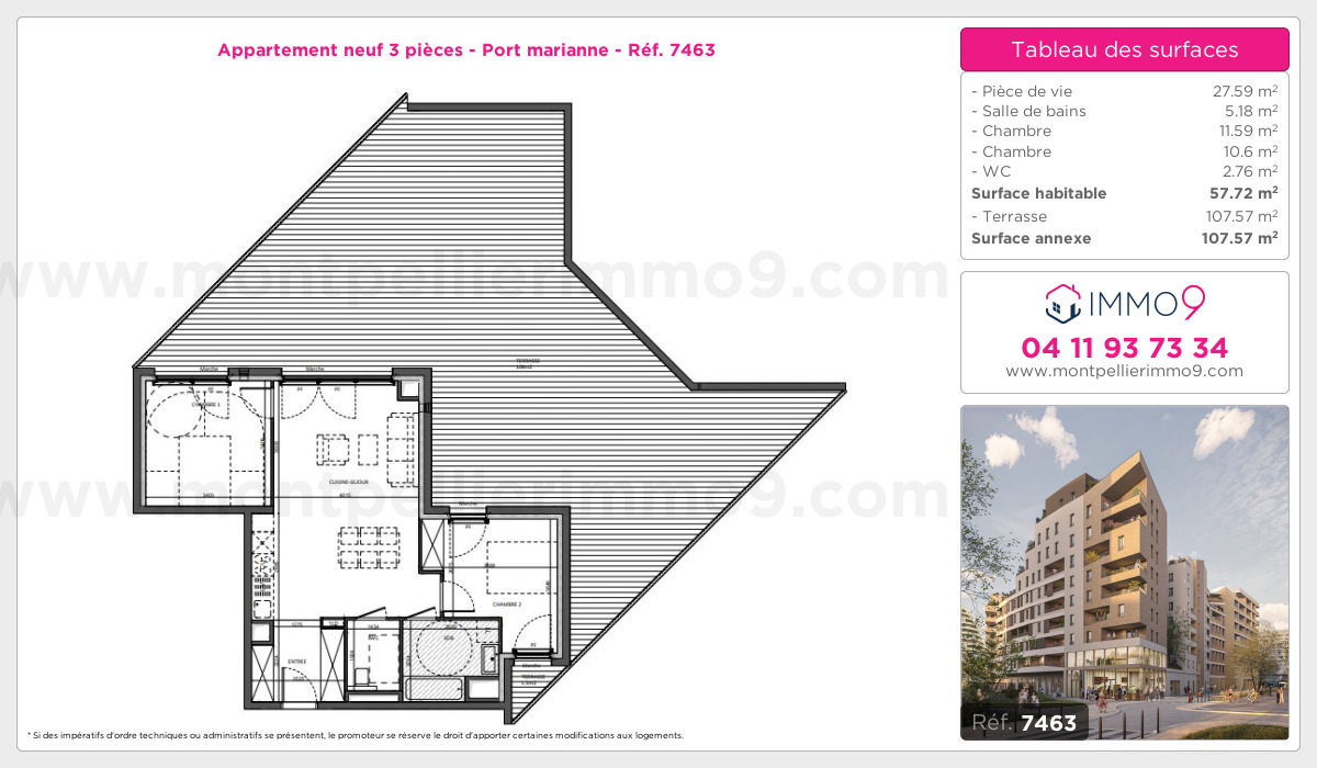 Plan et surfaces, Programme neuf Montpellier : Port marianne Référence n° 7463