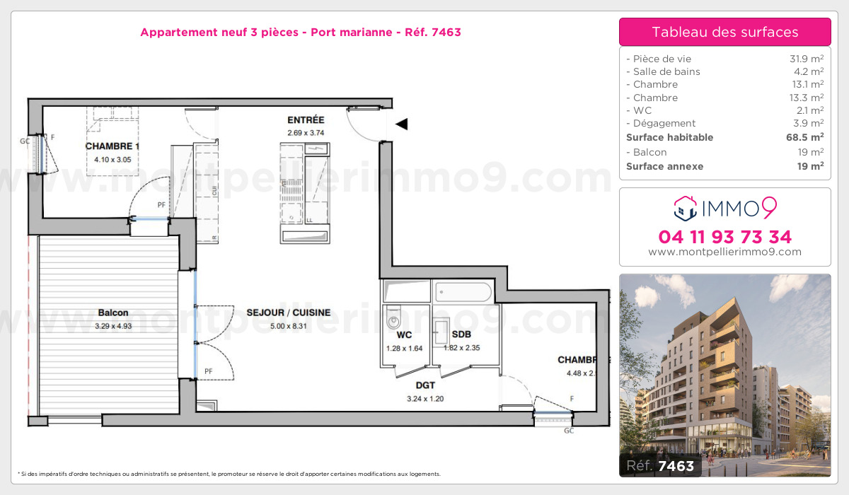 Plan et surfaces, Programme neuf Montpellier : Port marianne Référence n° 7463