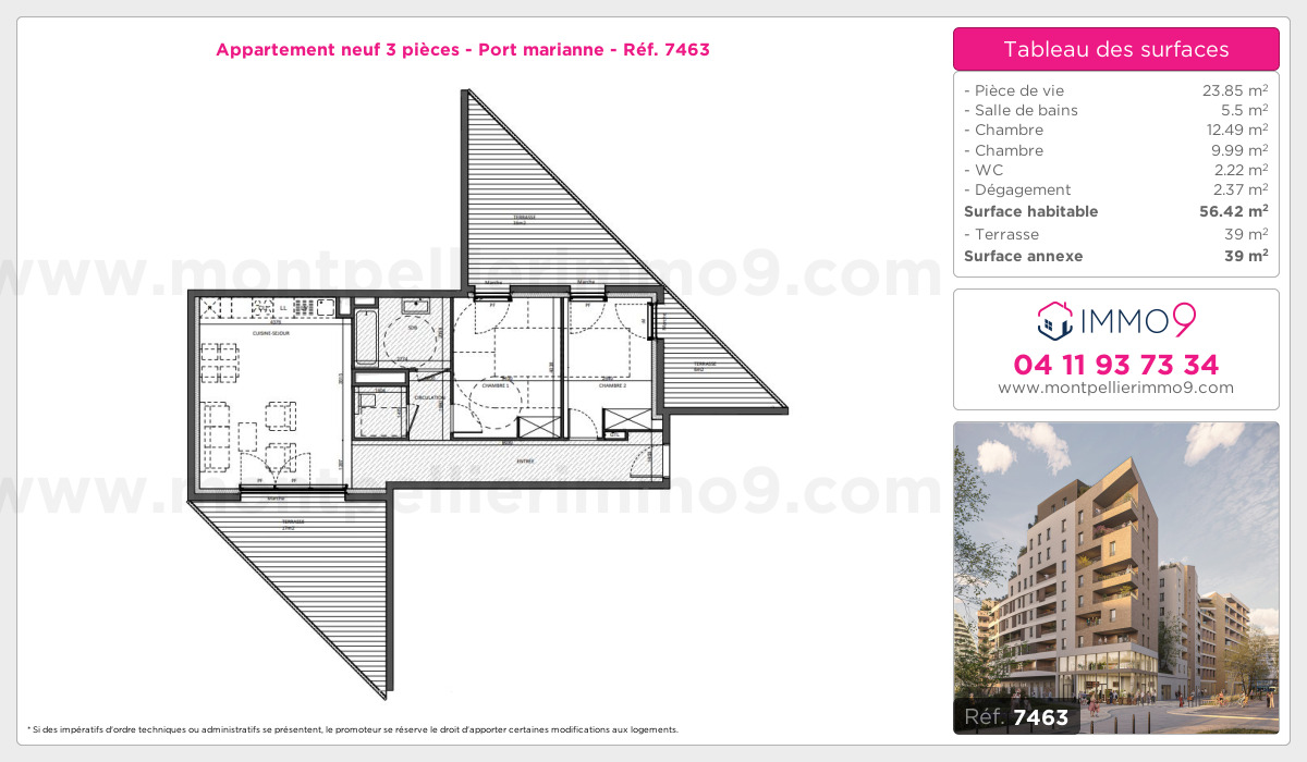 Plan et surfaces, Programme neuf Montpellier : Port marianne Référence n° 7463