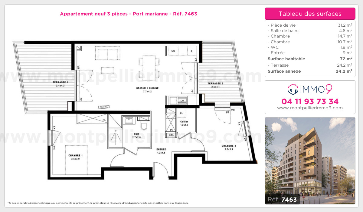 Plan et surfaces, Programme neuf Montpellier : Port marianne Référence n° 7463