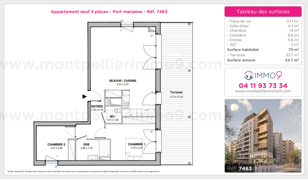 Plan et surfaces, Programme neuf Montpellier : Port marianne Référence n° 7463