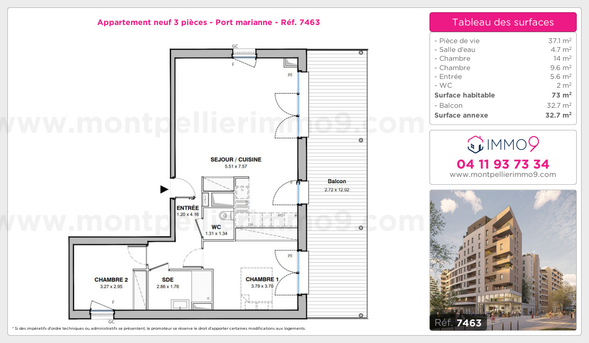 Plan et surfaces, Programme neuf Montpellier : Port marianne Référence n° 7463