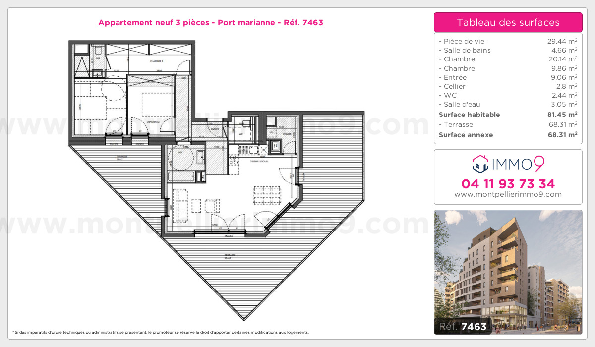 Plan et surfaces, Programme neuf Montpellier : Port marianne Référence n° 7463