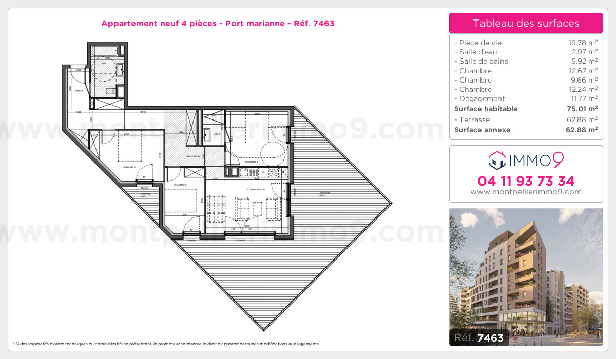 Plan et surfaces, Programme neuf Montpellier : Port marianne Référence n° 7463
