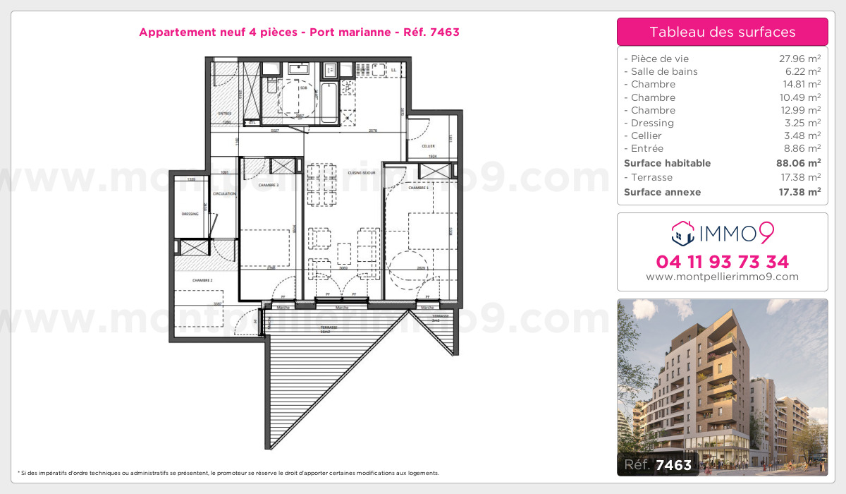 Plan et surfaces, Programme neuf Montpellier : Port marianne Référence n° 7463