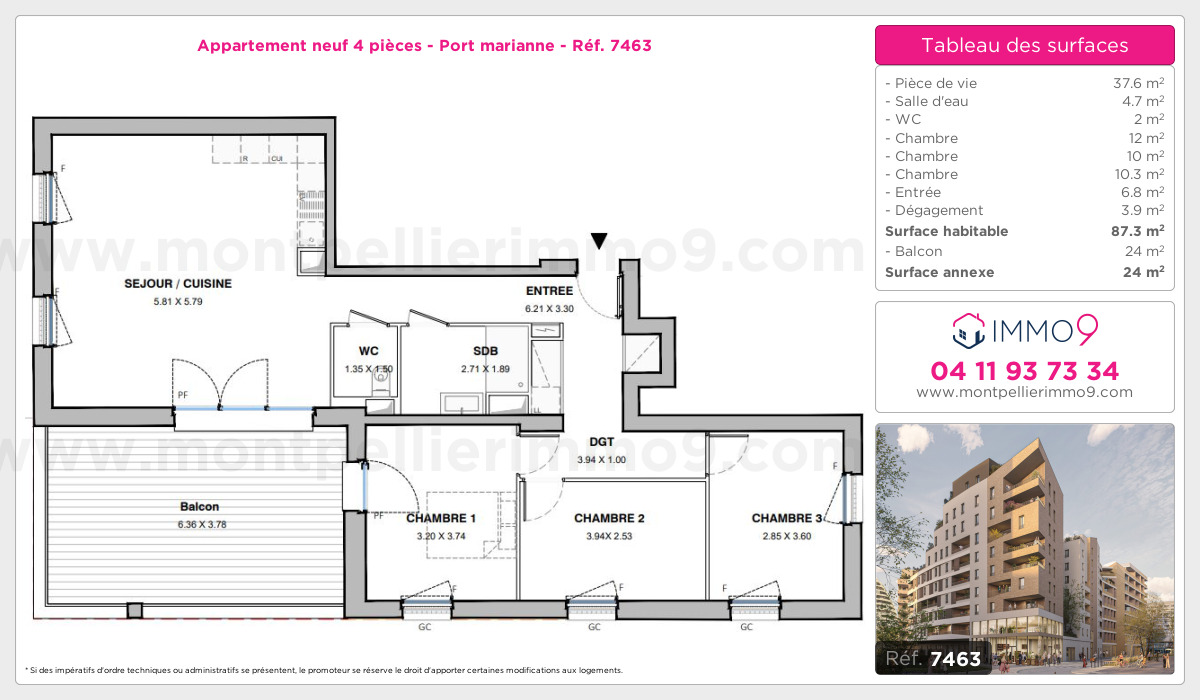 Plan et surfaces, Programme neuf Montpellier : Port marianne Référence n° 7463