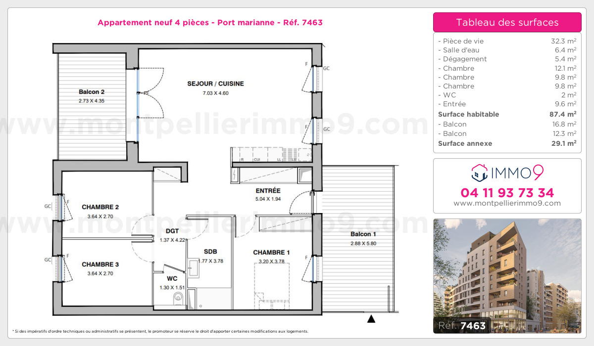 Plan et surfaces, Programme neuf Montpellier : Port marianne Référence n° 7463