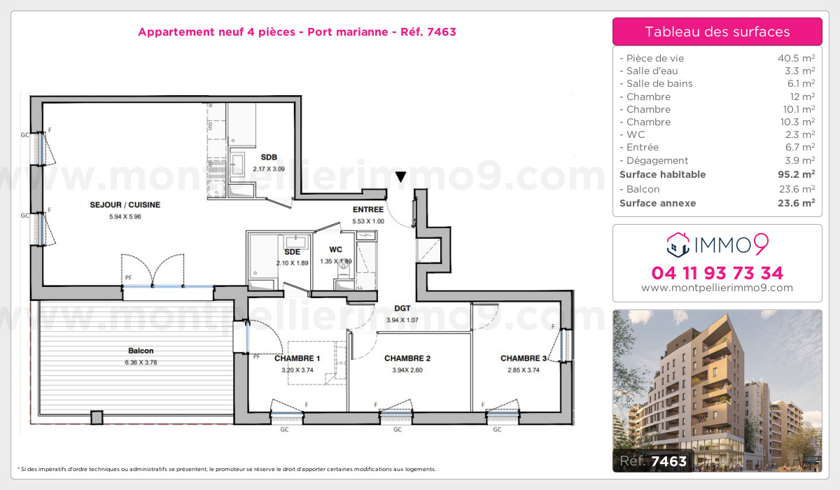 Plan et surfaces, Programme neuf Montpellier : Port marianne Référence n° 7463