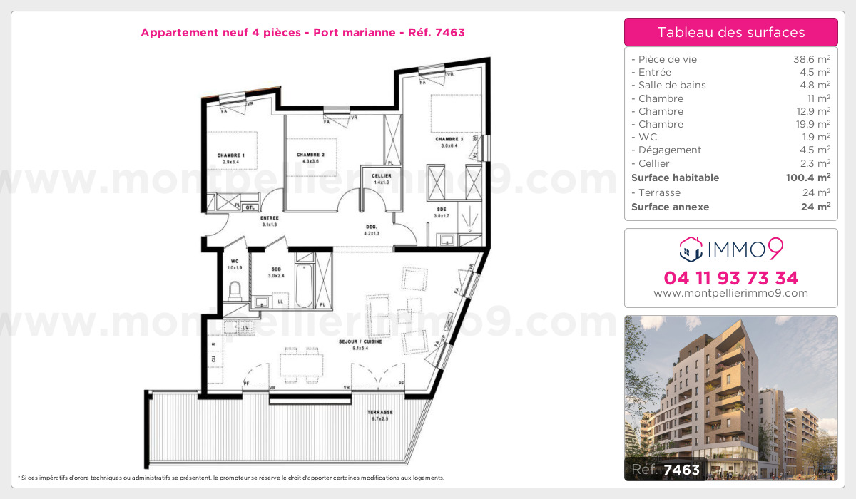 Plan et surfaces, Programme neuf Montpellier : Port marianne Référence n° 7463
