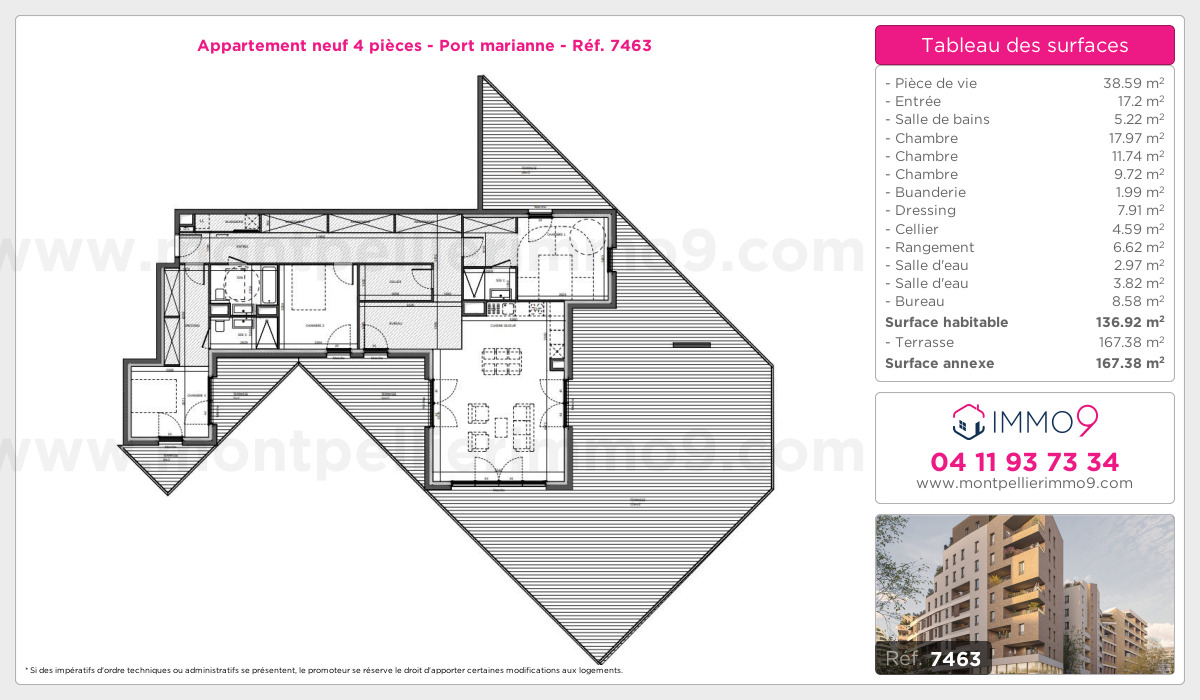 Plan et surfaces, Programme neuf Montpellier : Port marianne Référence n° 7463