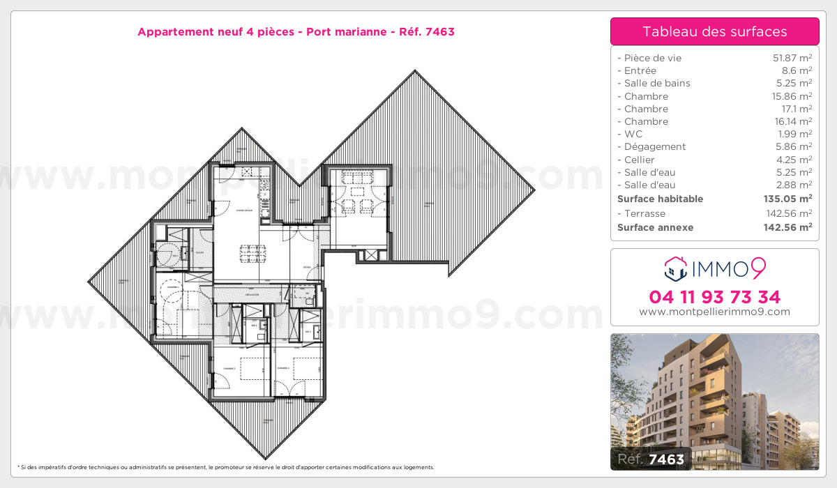 Plan et surfaces, Programme neuf Montpellier : Port marianne Référence n° 7463