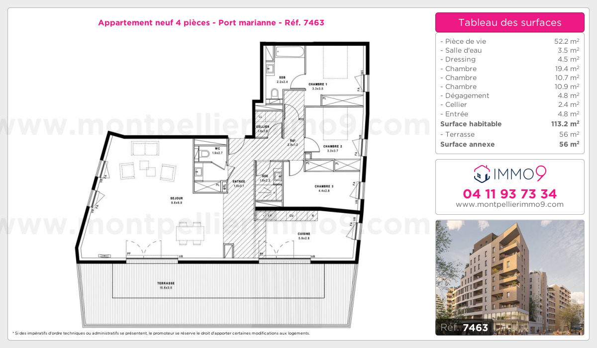 Plan et surfaces, Programme neuf Montpellier : Port marianne Référence n° 7463