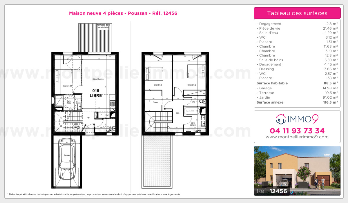 Plan et surfaces, Programme neuf Poussan Référence n° 12456