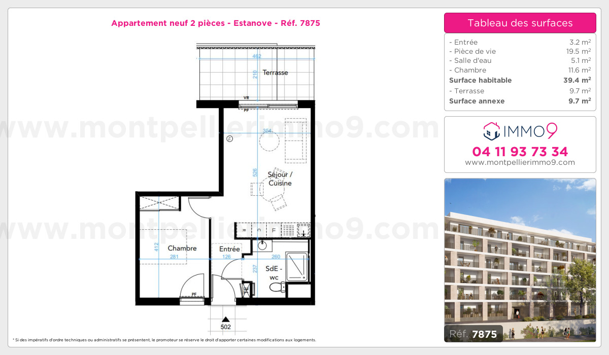 Plan et surfaces, Programme neuf Montpellier : Estanove Référence n° 7875