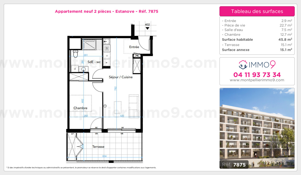 Plan et surfaces, Programme neuf Montpellier : Estanove Référence n° 7875