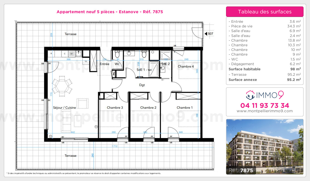 Plan et surfaces, Programme neuf Montpellier : Estanove Référence n° 7875