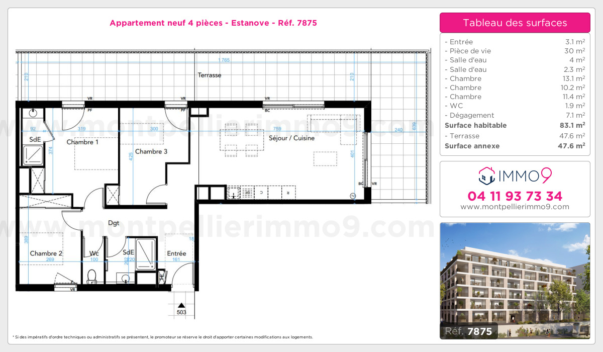 Plan et surfaces, Programme neuf Montpellier : Estanove Référence n° 7875