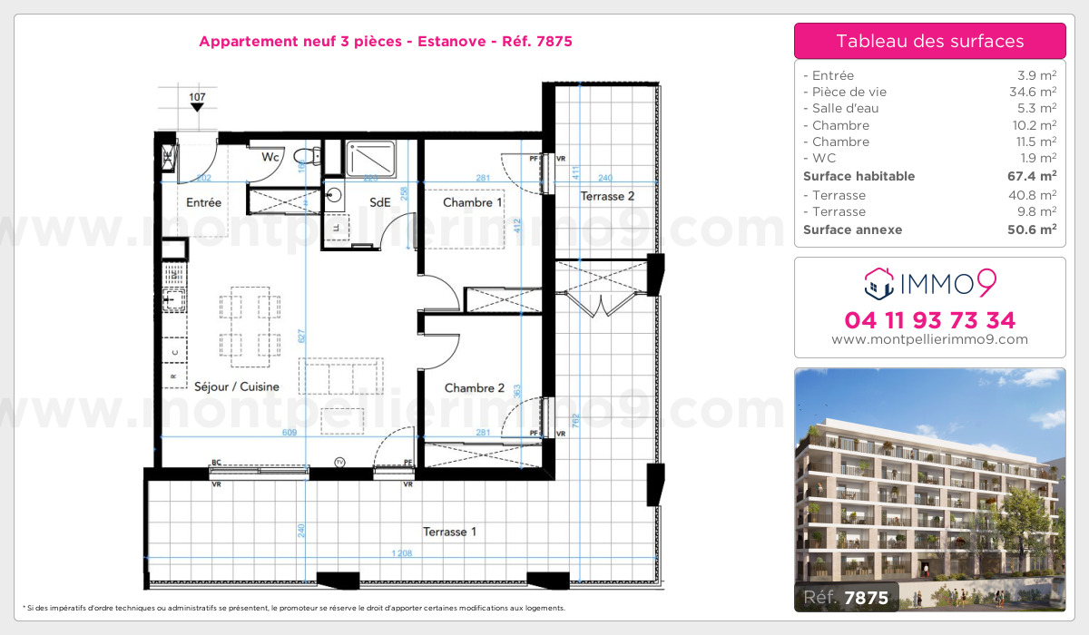 Plan et surfaces, Programme neuf Montpellier : Estanove Référence n° 7875
