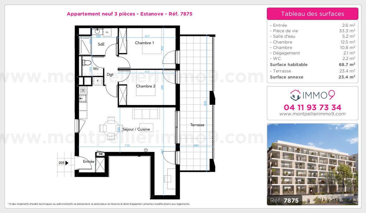 Plan et surfaces, Programme neuf Montpellier : Estanove Référence n° 7875