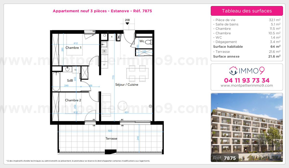 Plan et surfaces, Programme neuf Montpellier : Estanove Référence n° 7875