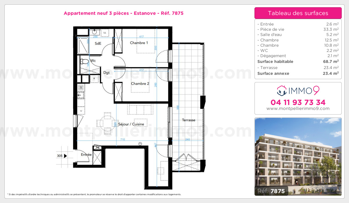Plan et surfaces, Programme neuf Montpellier : Estanove Référence n° 7875