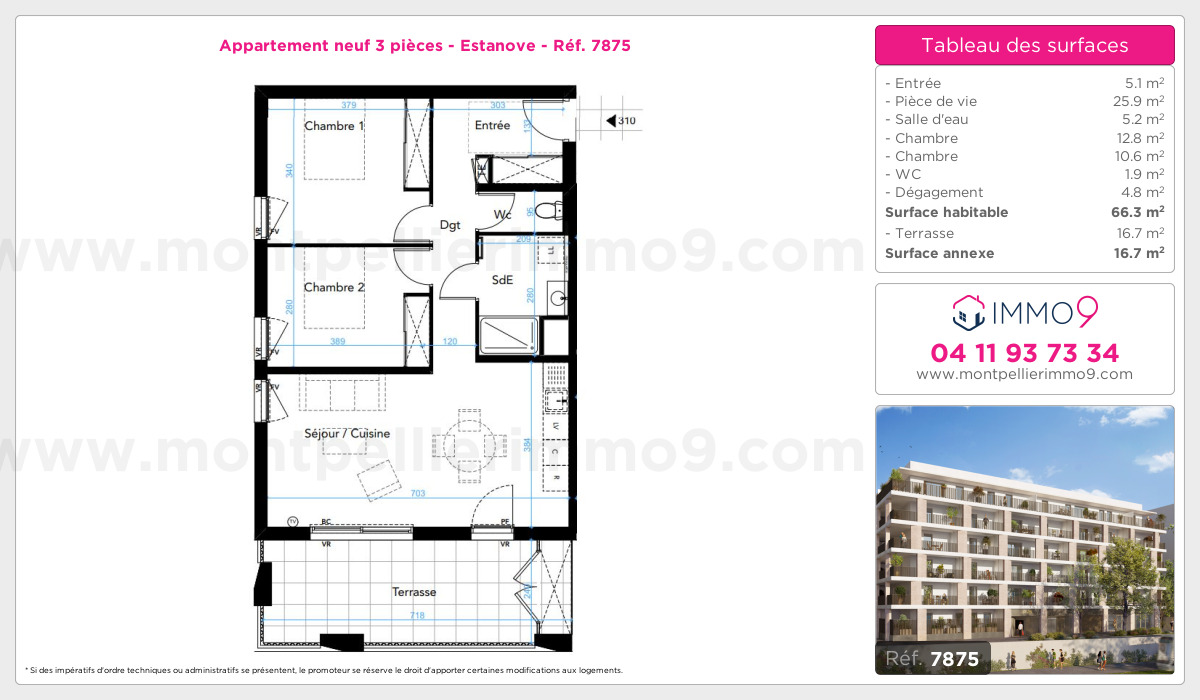 Plan et surfaces, Programme neuf Montpellier : Estanove Référence n° 7875